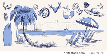 Vintage sketch beach illustration with palm trees 136229196