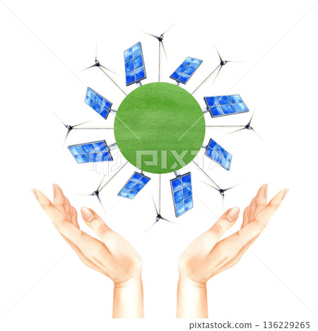 Two hands raised up to symbol of Alternative electricity and environmental protection. Solar panel, wind turbine on green round field. PV battery, windmill with human palms isolated from background 136229265