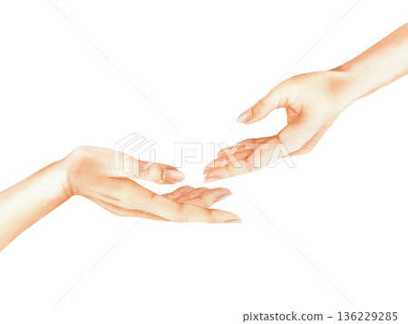 Two hands reach out to each other with palms up. Women's hands in different poses. Watercolor isolated illustration as support, trust and care. For psychological centers, skincare brands and charity 136229285