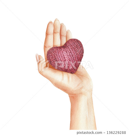 Hand holding knitted red heart. Open Human palm as symbol of support, charity, care and kindness, trust. Crochet heart. Drawing with colored pencils and watercolor. Isolated illustration Hand holding knitted red heart. Open Human palm as symbol of support, charity, care and kindness, trust. Crochet heart. Drawing with colored pencils and watercolor. Isolated illustration 136229288