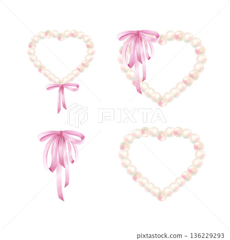 Pearl heart tied pink double bow. Watercolor set with silk ribbon and delicate beads. Love symbol for Valentine and Wedding Day. Elegant drawing collection of illustrations isolated from background 136229293