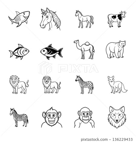 Collection of various animal vector line art illustrations in black and white Collection of various animal vector line art illustrations in black and white 136229433