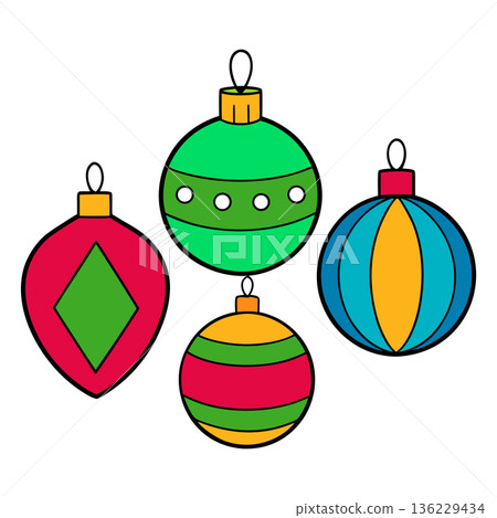 Colorful and Festive Christmas Ornaments Illustration for Holiday Season Design 136229434