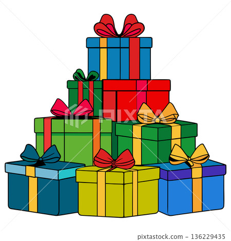 Colorful and Festive Gift Boxes Stacked in Celebration Style Illustration Colorful and Festive Gift Boxes Stacked in Celebration Style Illustration 136229435