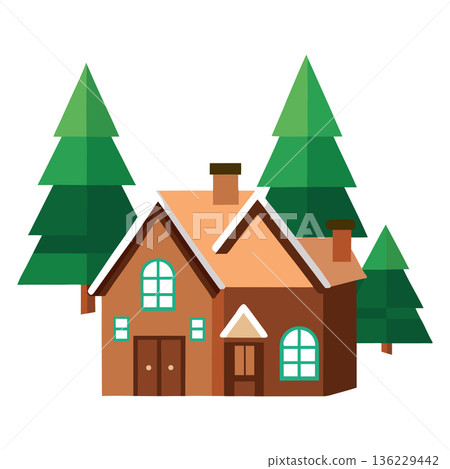Cozy house with pine trees vector illustration isolated on white background 136229442