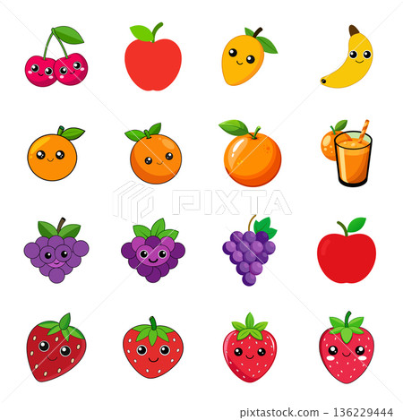 Cute and Colorful Cartoon Fruit Illustration Set on White Background Cute and Colorful Cartoon Fruit Illustration Set on White Background 136229444