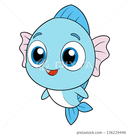 Cute Blue Cartoon Fish with Big Eyes and Happy Smile Illustration 136229446