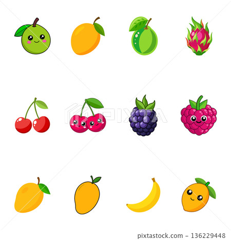 Cute cartoon fruit collection featuring mango banana cherry and other tropical fruits 136229448