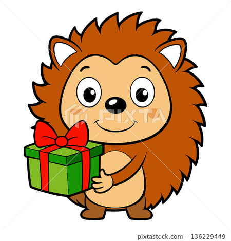 Cute cartoon hedgehog character holding gift box with red ribbon Cute cartoon hedgehog character holding gift box with red ribbon 136229449