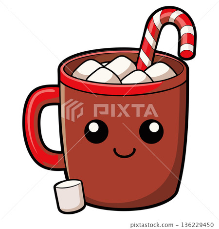 Cute Cartoon Hot Chocolate with Marshmallows and Candy Cane Vector 136229450