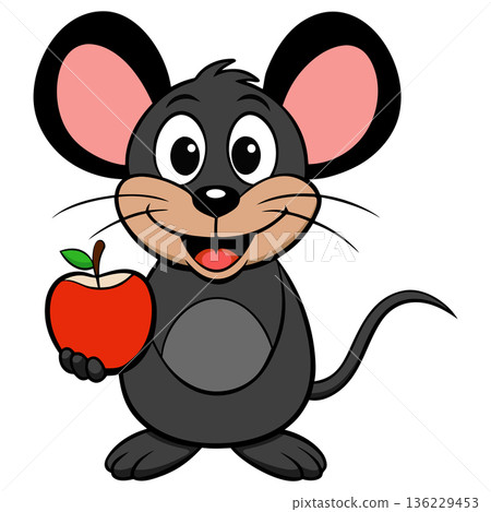 Cute cartoon mouse holding a bright red apple illustration graphic 136229453