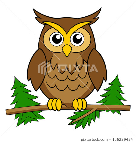 Cute cartoon owl sitting on a branch in the forest illustration 136229454