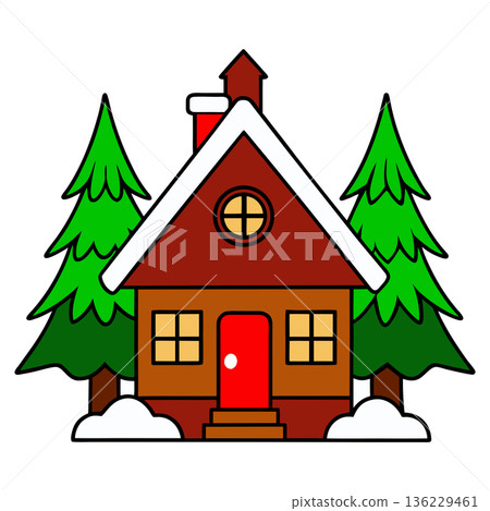 Cute Cartoon Winter Cabin in Snowy Landscape Surrounded by Pine Trees Cute Cartoon Winter Cabin in Snowy Landscape Surrounded by Pine Trees 136229461