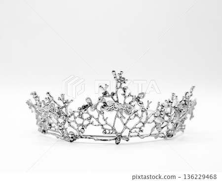 Ornate Silver Crown with Crystals on White Background Ornate Silver Crown with Crystals on White Background 136229468