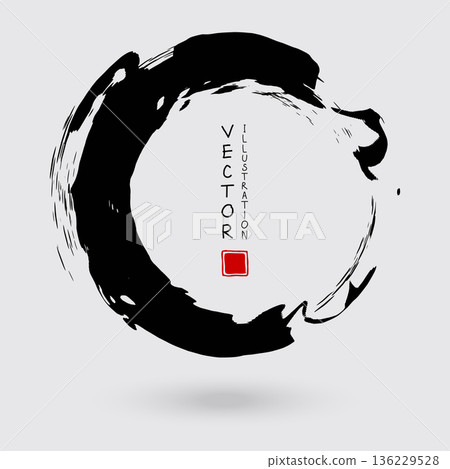 Black ink round stroke on white background. Japanese style. Black ink round stroke on white background. Japanese style. 136229528