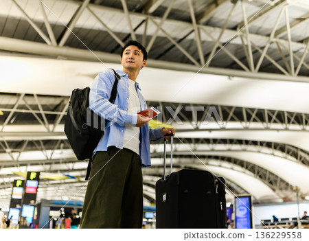 A man preparing for a trip at the airport. Photo courtesy of Kansai International Airport (KIX). A man preparing for a trip at the airport. Photo courtesy of Kansai International Airport (KIX). 136229558