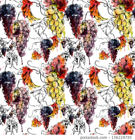 Seamless pattern with ripe grape clusters hanging on vines with leaves, tendrils. Hand painted in watercolor and ink linework. Organic product packaging, textile prints, kitchen decor, wrapping paper Seamless pattern with ripe grape clusters hanging on vines with leaves, tendrils. Hand painted in watercolor and ink linework. Organic product packaging, textile prints, kitchen decor, wrapping paper 136229785