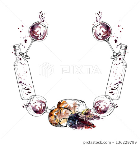 Hand drawn wreath frame with bottle, balloon glass, wooden barrels and grape bunches in ink and watercolor. Menu covers, wine labels, tasting event stationery, branding and culinary editorial design. 136229799
