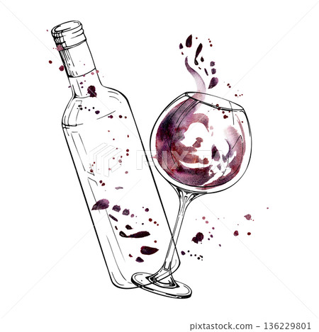 Bottle and rounded balloon glass in ink outline with red wine watercolor swirl and splash. Isolated illustration hand drawn for sommelier guides, gourmet magazines, hospitality branding, recipe books Bottle and rounded balloon glass in ink outline with red wine watercolor swirl and splash. Isolated illustration hand drawn for sommelier guides, gourmet magazines, hospitality branding, recipe books 136229801