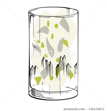 Flat vector Mojito cocktail drink, water with citrus pulp, soda fizzy lemonade in highball collins ink glass. Geometric balance, neutral clear palette. Hand drawn for bar branding, culinary visuals. Flat vector Mojito cocktail drink, water with citrus pulp, soda fizzy lemonade in highball collins ink glass. Geometric balance, neutral clear palette. Hand drawn for bar branding, culinary visuals. 136229812