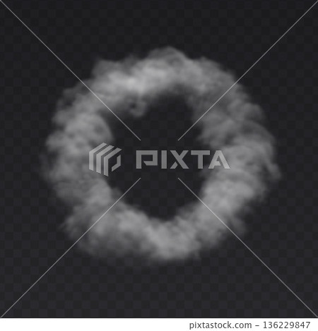 White Ring Smoke Fog on dark transparent background. Circle Cloud frame. White Ring Smoke Fog on dark transparent background. Circle Cloud frame. 136229847