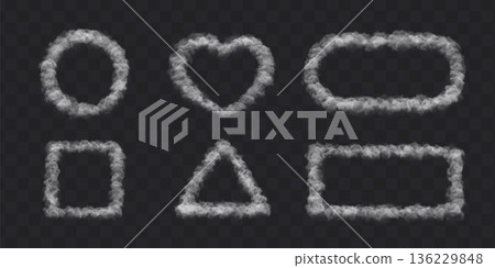 White smoke cloud frame square, circle, heart, rectangle, triangle and oval on dark background. 136229848