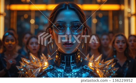 Futuristic Leader in Spiked Tech Armor Standing Before a Blurred Neon Crowd 136229952