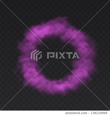 Pink Ring Smoke Cloud on dark transparent background. Fog circle frame Pink Ring Smoke Cloud on dark transparent background. Fog circle frame 136229984