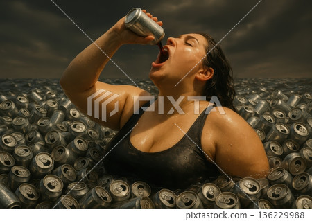 Surreal Concept of Overconsumption with Woman Floating in a Sea of Aluminum Cans 136229988