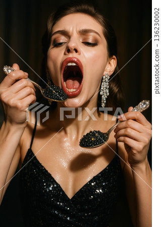 Elegant woman in black dress eating black caviar with two silver spoons 136230002