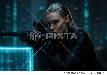 Professional Female Sniper Looking Through Scope On A Futuristic City Rooftop 136230014