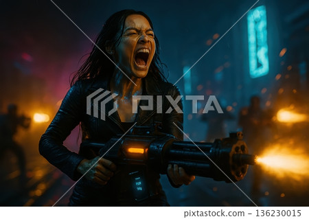 Female Resistance Fighter Screaming While Firing Heavy Machine Gun In Rain 136230015