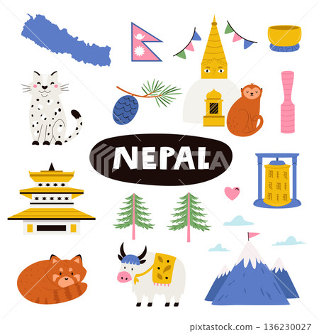 Nepal Design with National Symbols. Cute Travel Vector Illustration for Prints and Posters 136230027