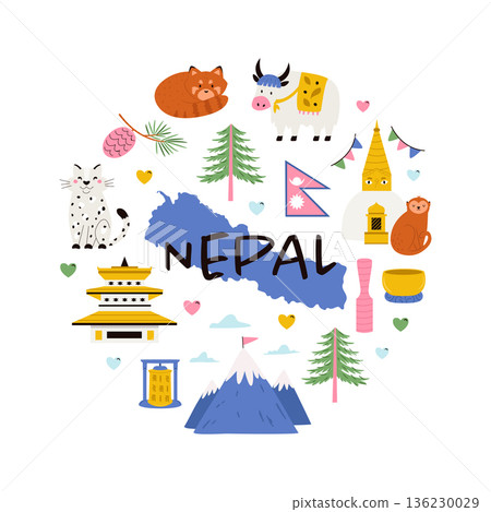 Nepal Design with National Symbols. Cute Travel Vector Illustration for Prints and Posters Nepal Design with National Symbols. Cute Travel Vector Illustration for Prints and Posters 136230029