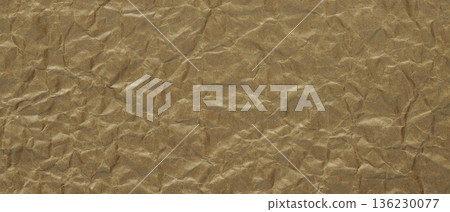 Brown Tan Crumpled Kraft Paper Texture Background with Wrinkled Surface Pattern Copy Space 136230077
