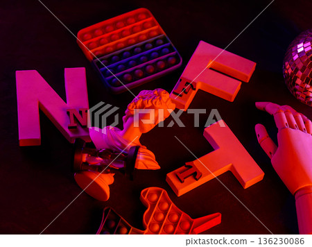 NFT Letters with Classical Sculpture Pop It Toys Disco Ball Neon Gradient Lighting NFT Letters with Classical Sculpture Pop It Toys Disco Ball Neon Gradient Lighting 136230086