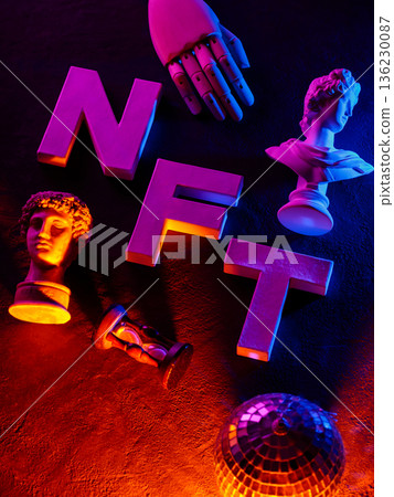 NFT Letters with Classical Sculpture Busts Disco Ball Neon Gradient Lighting Vaporwave Concept 136230087