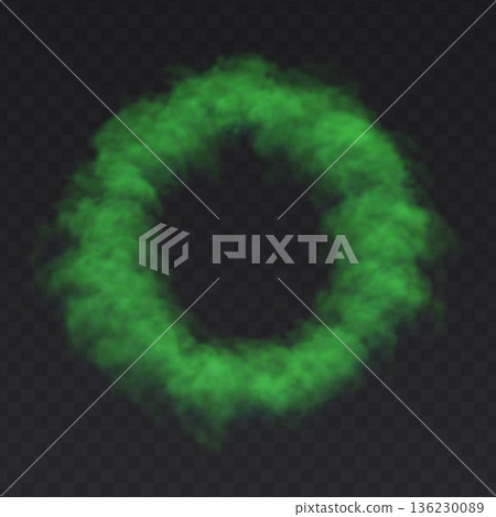 Green Ring Smoke Cloud on dark transparent background. Fog circle frame Green Ring Smoke Cloud on dark transparent background. Fog circle frame 136230089