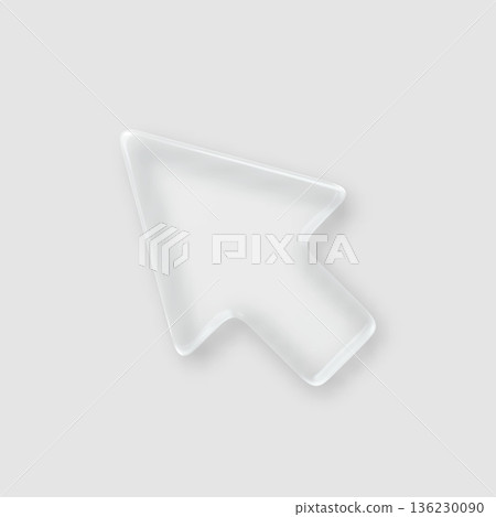 3D glass cursor with transparent crystal effect. Glossy mouse pointer icon with glassmorphism design, abstract arrow shape for modern UI elements and tech interface illustration 136230090