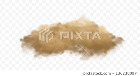 Dust cloud with sandy particles on transparent background. Realistic brown sand effect for desert storm scenes and dirt splash overlays. 136230097