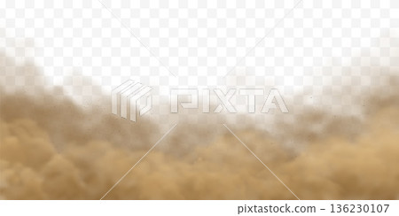 Dust cloud with sandy particles, realistic brown sand effect for desert storm scenes and dirt splash overlays on transparent background Dust cloud with sandy particles, realistic brown sand effect for desert storm scenes and dirt splash overlays on transparent background 136230107