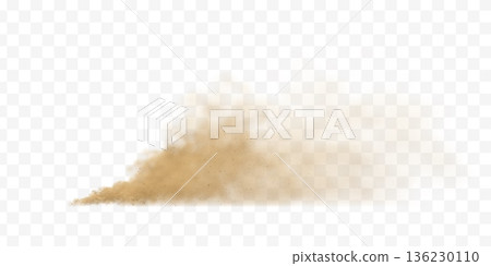 Flying dust cloud from car on transparent background. Sandy particles create realistic dirt explosion effect with brown powder dispersing through air. Flying dust cloud from car on transparent background. Sandy particles create realistic dirt explosion effect with brown powder dispersing through air. 136230110