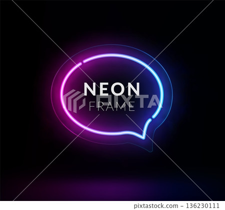 Glowing neon speech bubble with gradient borders floating in black space, illuminated chat icon with vibrant pink blue light creating futuristic message frame effect. Glowing neon speech bubble with gradient borders floating in black space, illuminated chat icon with vibrant pink blue light creating futuristic message frame effect. 136230111