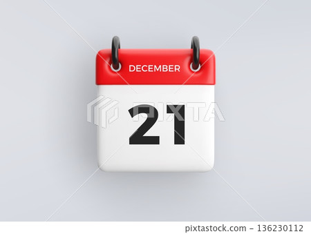 3D calendar icon with date 21 December on grey background. Vector schedule symbol. 136230112