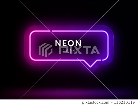 Neon speech bubble with gradient borders in dark room with reflective floor, illuminated chat icon with vibrant pink purple light creating futuristic message frame effect. Neon speech bubble with gradient borders in dark room with reflective floor, illuminated chat icon with vibrant pink purple light creating futuristic message frame effect. 136230119