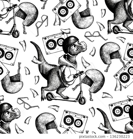 A seamless pattern featuring a stylish T-Rex on a scooter 136230223