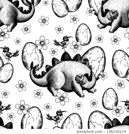 Seamless pattern with a stegosaurus and a bird 136230224