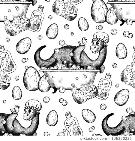 Seamless graphic pattern featuring a dinosaur in a bathtub 136230225