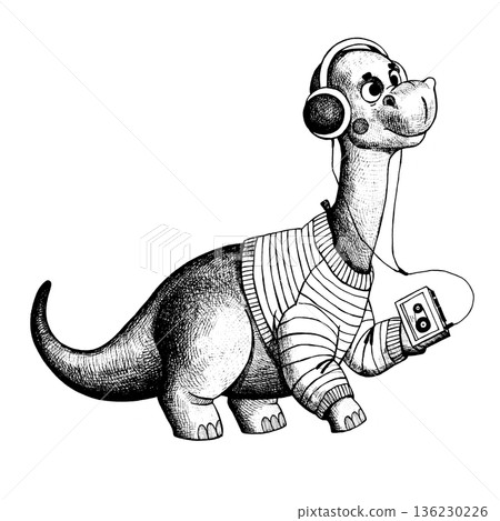 A cute dinosaur in a sweater listens to music on a cassette player with headphones A cute dinosaur in a sweater listens to music on a cassette player with headphones 136230226