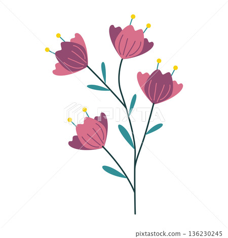 Delicate Floral Branch Illustration with Blooming Pink Flowers and Green Leaves Delicate Floral Branch Illustration with Blooming Pink Flowers and Green Leaves 136230245